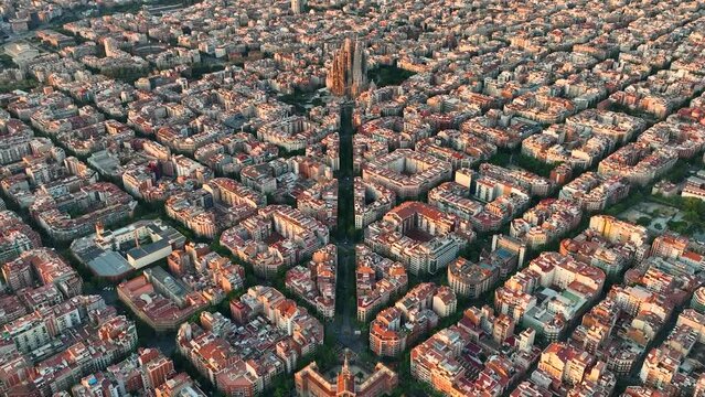 Panoramic aerial view of Barcelona cityscape with octagon buildings. Streets and blocks