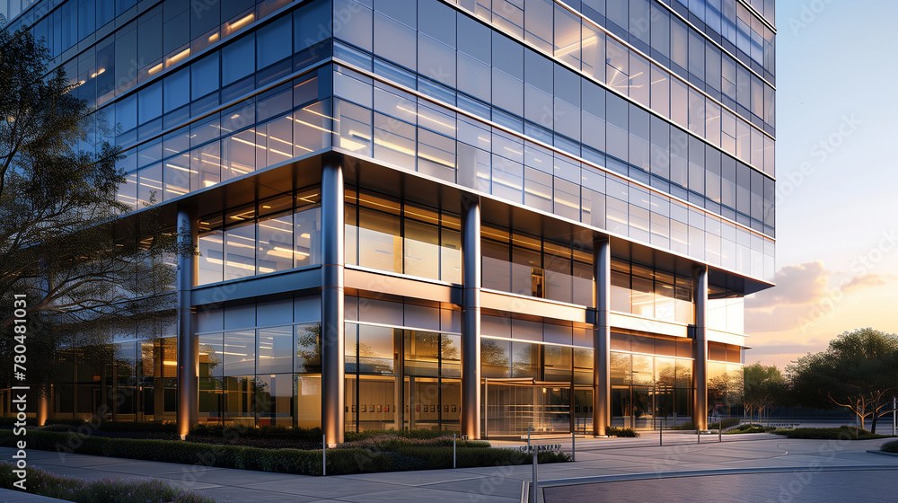 Poster a large glass building with many windows and a metal frame. the building is lit up at night. makes i