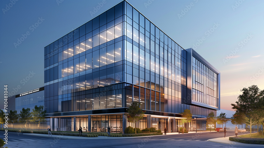 Poster a large glass building with many windows and a metal frame. the building is lit up at night. makes i