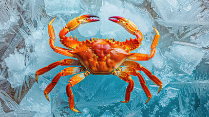 Large orange crab on blue ice close-up, top view