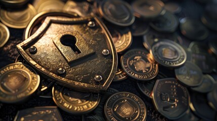 Security shield symbol, icon or emblem with padlock. Cybersecurity, bank protection or data protection concept background