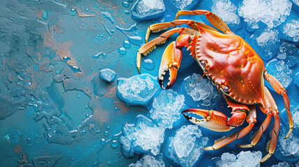 Large orange crab on blue ice close-up, copy space