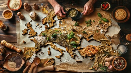 Map of Europe made from food ingredients and spices on parchment paper
 - obrazy, fototapety, plakaty