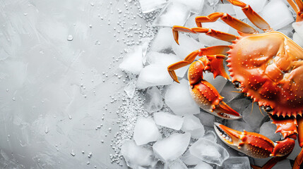 Large orange crab on white ice close-up, copy space
