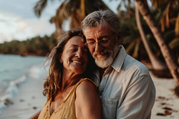 Retired couple enjoying affectionate sunset hug on beach - obrazy, fototapety, plakaty