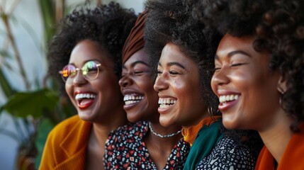 Group of african afro women friends laughing. Black business woman with afro hair. Black lives matter - obrazy, fototapety, plakaty