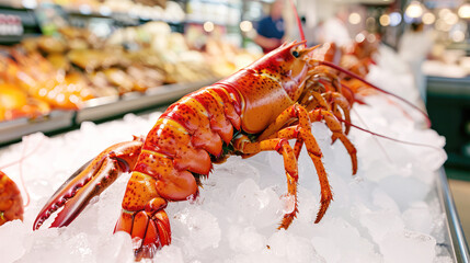 big orange lobster on ice in a seafood store