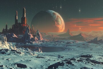 Technology and Nature Converge: Cybernetic Sanctuary on a Jovian Moon - obrazy, fototapety, plakaty