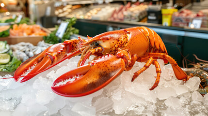 big orange lobster on ice in a seafood store