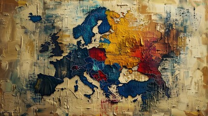 Abstract painting of Europe map in a multicolor palette on canvas
