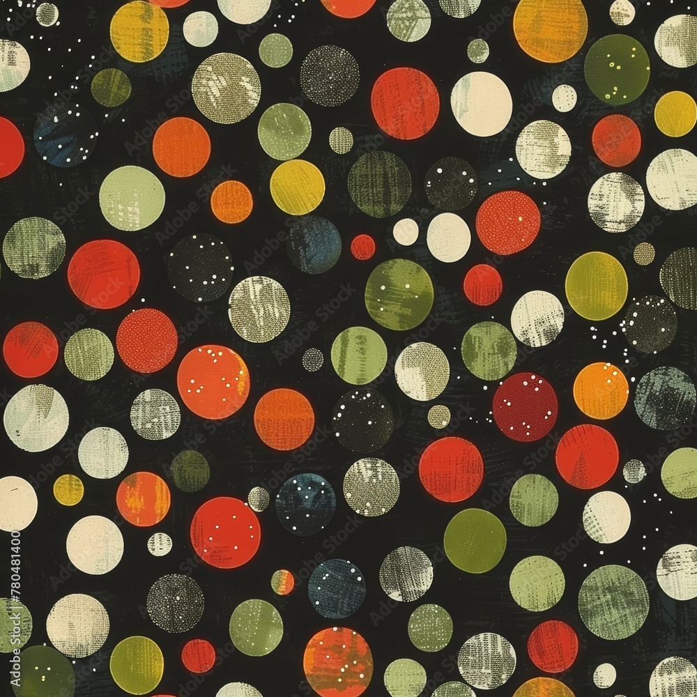 Poster a pattern of colorful dots and circles on a black background in the style of bokeh and particles, ai