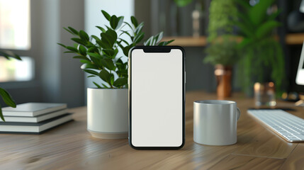 Mockup or a blank white screen mobile smartphone is placed on a modern workspace.