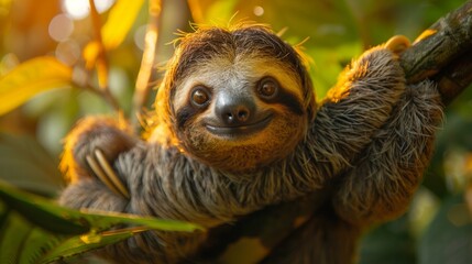 Fototapeta premium A sloth in the midst of a leisurely scratch, hanging nonchalantly on a tree branch, AI Generative
