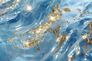 Light blue with bright gold reflections, hologram, flowing fabrics, sparkling water reflections background - obrazy, fototapety, plakaty
