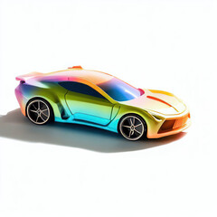  a classic sport car with bright colors on a white background. shiny automobile with rainbow colors. 3d illustration made with generative AI technology

