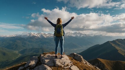 A young happy European woman with a tourist backpack stands on top of a rock in the mountains, travels and enjoys a beautiful view of the mountains, sky or nature. Untouched nature. travel.
