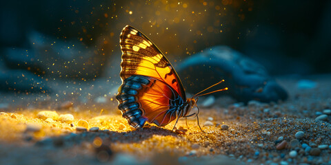 Butterfly multi colored wings close up in set Schmetterling enemy nature glowing blurred background - obrazy, fototapety, plakaty