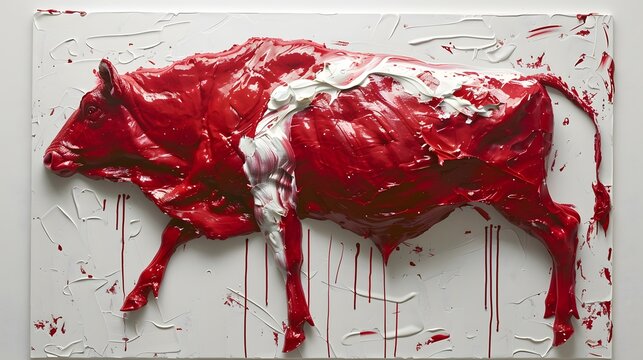 Red paint splatters and drips down a white wall, resembling spilled chili flakes