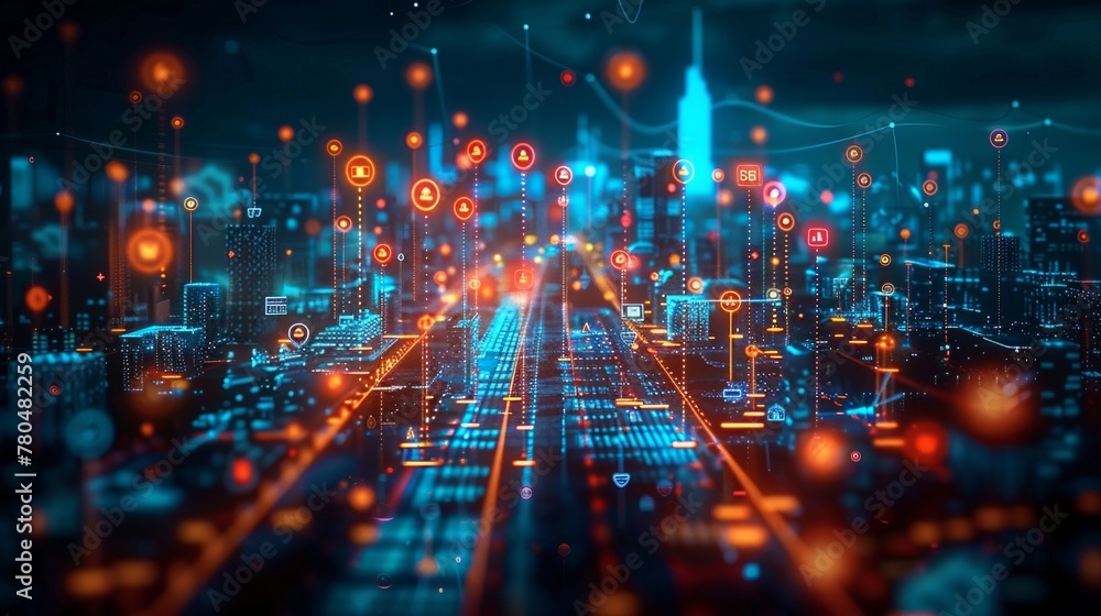 Poster digital marketing technology concept visualized, a vibrant network of icons and data streams represe