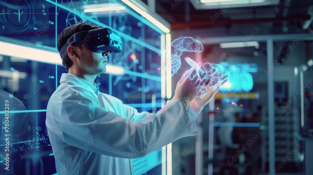 Poster dynamic image of a man doctor in a futuristic medical setting, engaging with a virtual reality inter