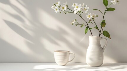 Eco-conscious decor, mug and vase with blooms on white, minimalist ethos, clean and airy, AI Generative