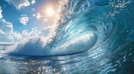 Majestic ocean wave, aquamarine clarity, surfers' paradise, vibrant, exhilarating essence, AI Generative