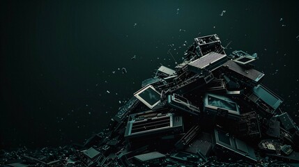 Pile of e-waste, cut out on dark background