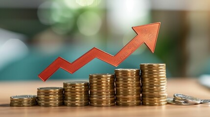 Monete impilabili con freccia rivolta verso l'alto. Concetto di guadagno e di investimento attivo.