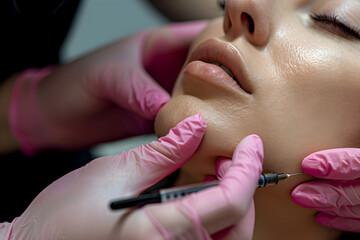 Lip filler technique for aesthetic enhancement. Skilled filler work for perfect lips. Cosmetic lip improvement with precision. The process of making filler injections. Beauty hyaluronic acid injection