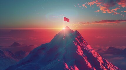Una bandiera in cima alla montagna simboleggia l'obiettivo raggiunto
