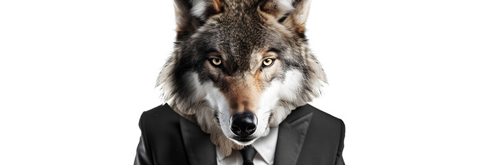 Portrait of a Suited Anthropomorphic Wolf on White Background