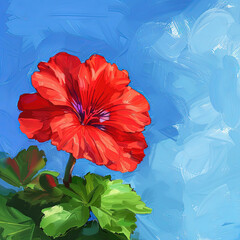 painting of a red flower with green leaves on a blue background