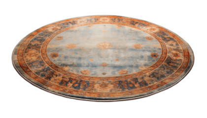 Blue and orange circular carpet with intricate Persian design