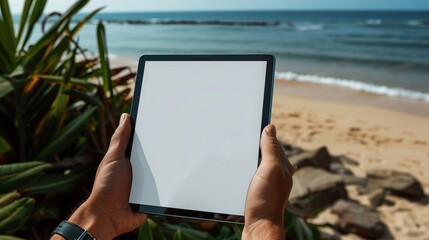 Persona tiene in mano un laptop mentre è in spiaggia