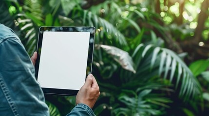 Persona tiene in mano un laptop mentre è immerso nella natura