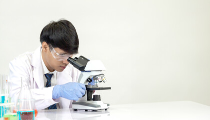 Portrait asian man student scientist doctor in shirt gown one person wokk job plant looking hand...