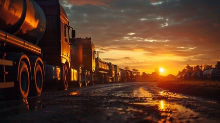 Colonna di camion in marcia verso il tramonto