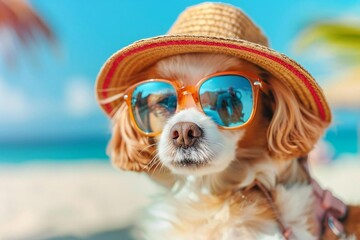 Adorable Puppy at Beach Party with Friends, Memes - obrazy, fototapety, plakaty