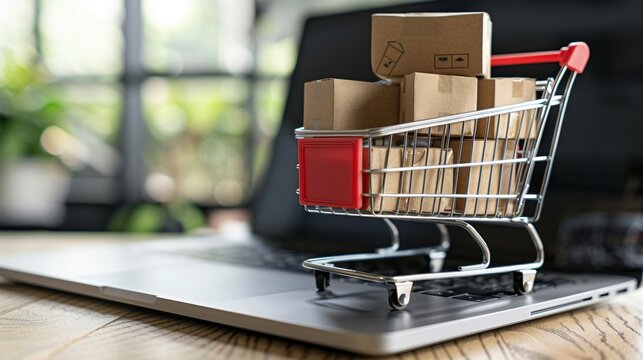 Concetto di shopping online con un carrello pieno di scatole sopra un computer portatile 
