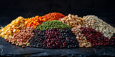 colorful striped peas soybeans legumes seed most  protein uncooked soup of various colored mixed legumes lentils broad beans on dark background