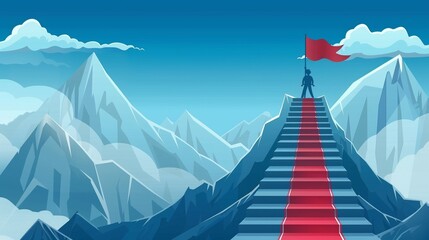 Persona che,  in cima ad una scalinata sulla montagna, ha raggiunto la bandiera, simbolo dell'obiettivo conseguito. - obrazy, fototapety, plakaty