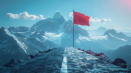 Paesaggio montano di colore azzurro con strada che porta alla bandiera, simbolo dell'obiettivo da raggiungere