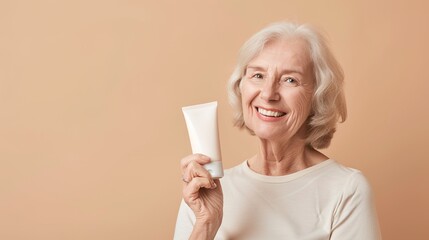 Donna anziana sorridente, mostra un tubetto di crema per il viso - obrazy, fototapety, plakaty