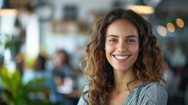 Ragazza sorridente in primo piano. Sullo sfondo impiegati lavorano in ufficio.