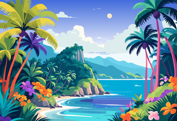 Fototapeta na wymiar Tropical Sea beach background, landscape with sand beach, mountains, sea water edge, exotic flowers and palm trees. Colorful art illustration, banner, wallpaper. 