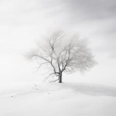 Fototapeta na wymiar Winter Serenity, Minimalist Photorealistic Illustration of Snowy Tree in Tranquil Landscape, Leafless Tree, Black and white Minimal Photography, Monochrome Nature, icy cold weather