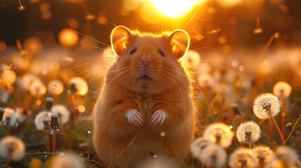In the golden light of sunset, a curious hamster amidst dandelions symbolizes innocence and wishes, ideal for natural or whimsical concepts, with ample room for text in the warm, glowing field.