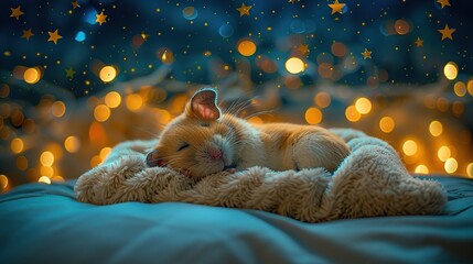 This sleepy hamster against a backdrop of star-like fairy lights evokes a dreamy nocturnal scene, perfect for themes of rest or children's bedtime stories