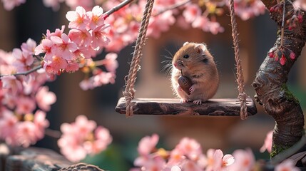 A serene hamster perches on a miniature swing amidst spring blossoms, epitomizing peace and renewal, ideal for springtime themes, with generous space for text in the surrounding blooms. - obrazy, fototapety, plakaty