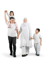 happy Asian muslim family having fun together isolated over white background